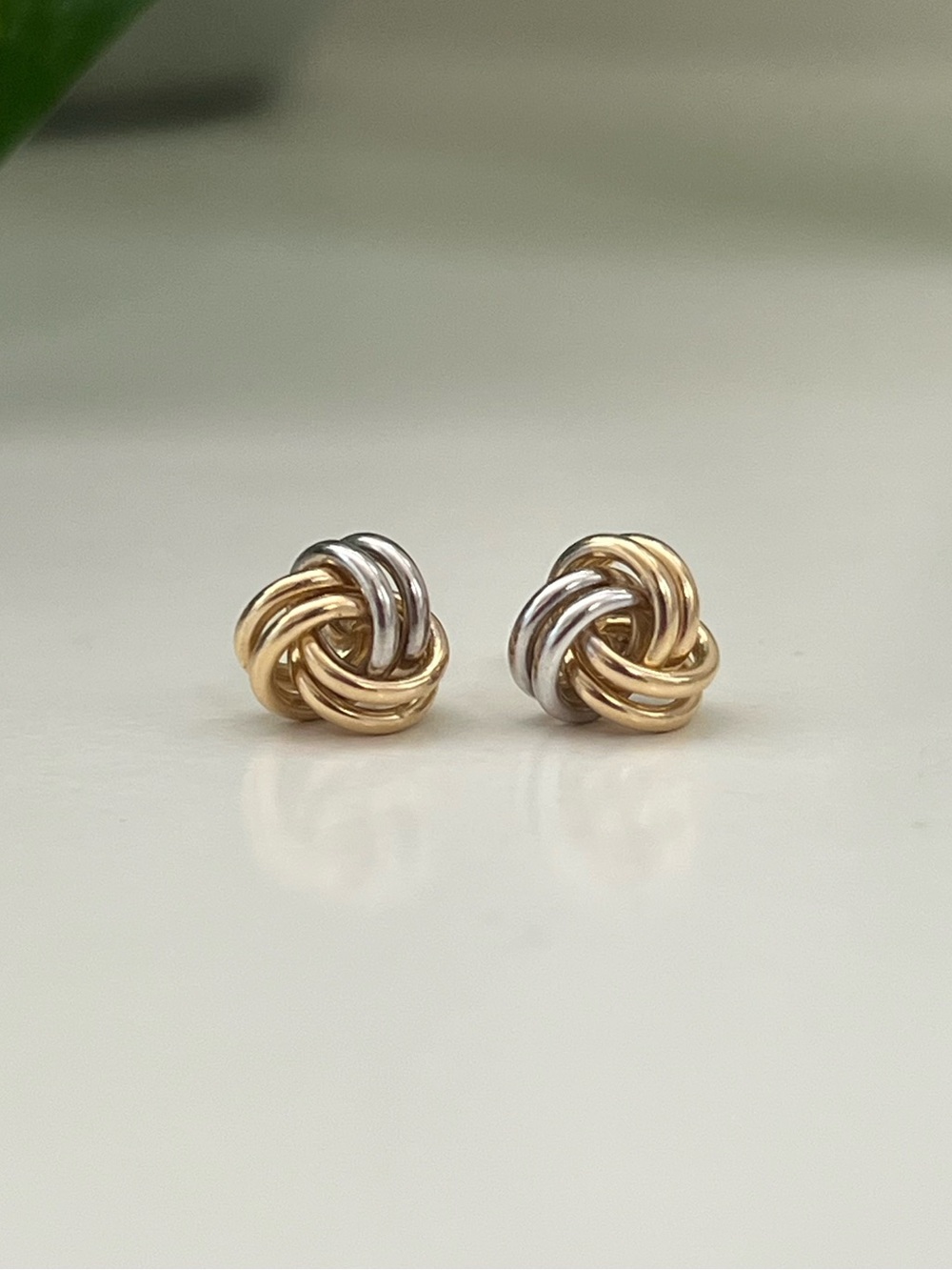 14K Gold Two Toned Interlocking Knot Stud Earrings, Real Yellow & White Gold - Picture 2 of 12